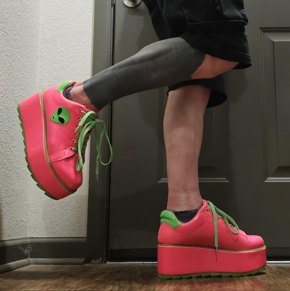 YRU Neon Pink and Green Alien Platform Shoes